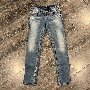 Silver suki skinny jeans. Size 28W/31L. Good used condition. Lower rise.